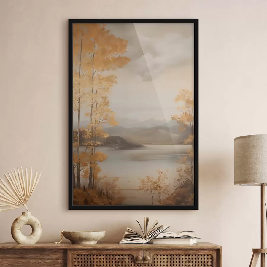 Картина Осінні дерева з помаранчевим листям обрамляють спокійне озеро з далекими горами під хмарним небом. f47441