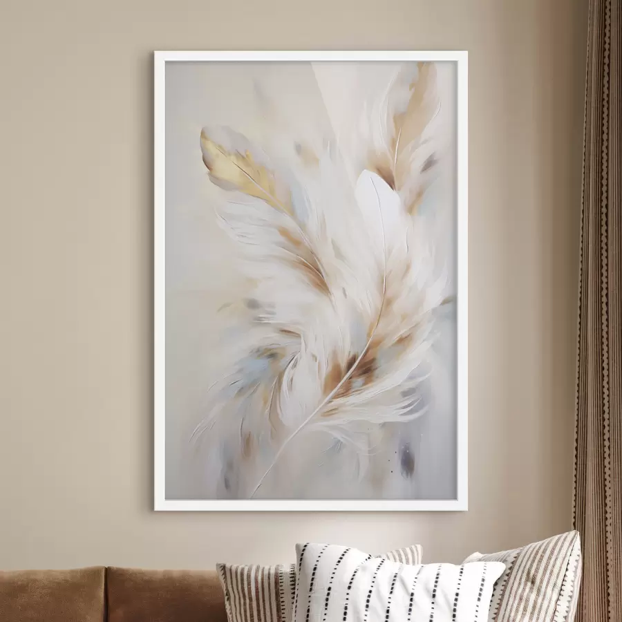Картина Великі м'які пір'я з поєднанням білих, жовтих і коричневих відтінків на світлому абстрактному тлі f47442