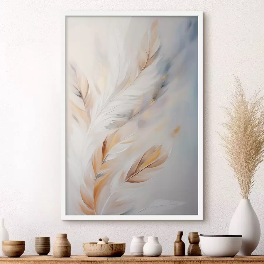 Картина Великі м'які пір'я з поєднанням білих, жовтих і коричневих відтінків на світлому абстрактному тлі f47443