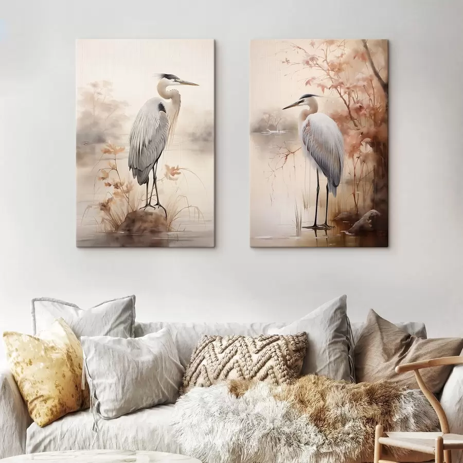 Картина Чапля стоїть на камені в озері, на тлі високої трави та дерев m01239