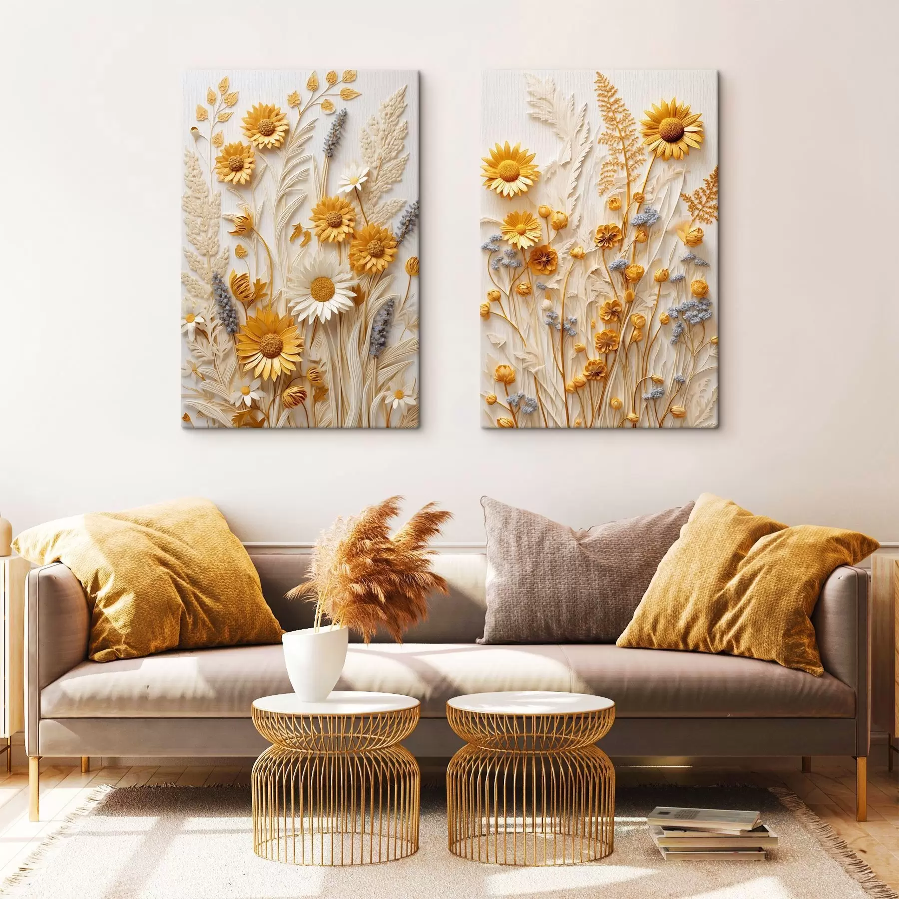 Картина Текстурована колекція жовтих і білих маргариток із сухими травами та гілочками лаванди на білому тлі m01241