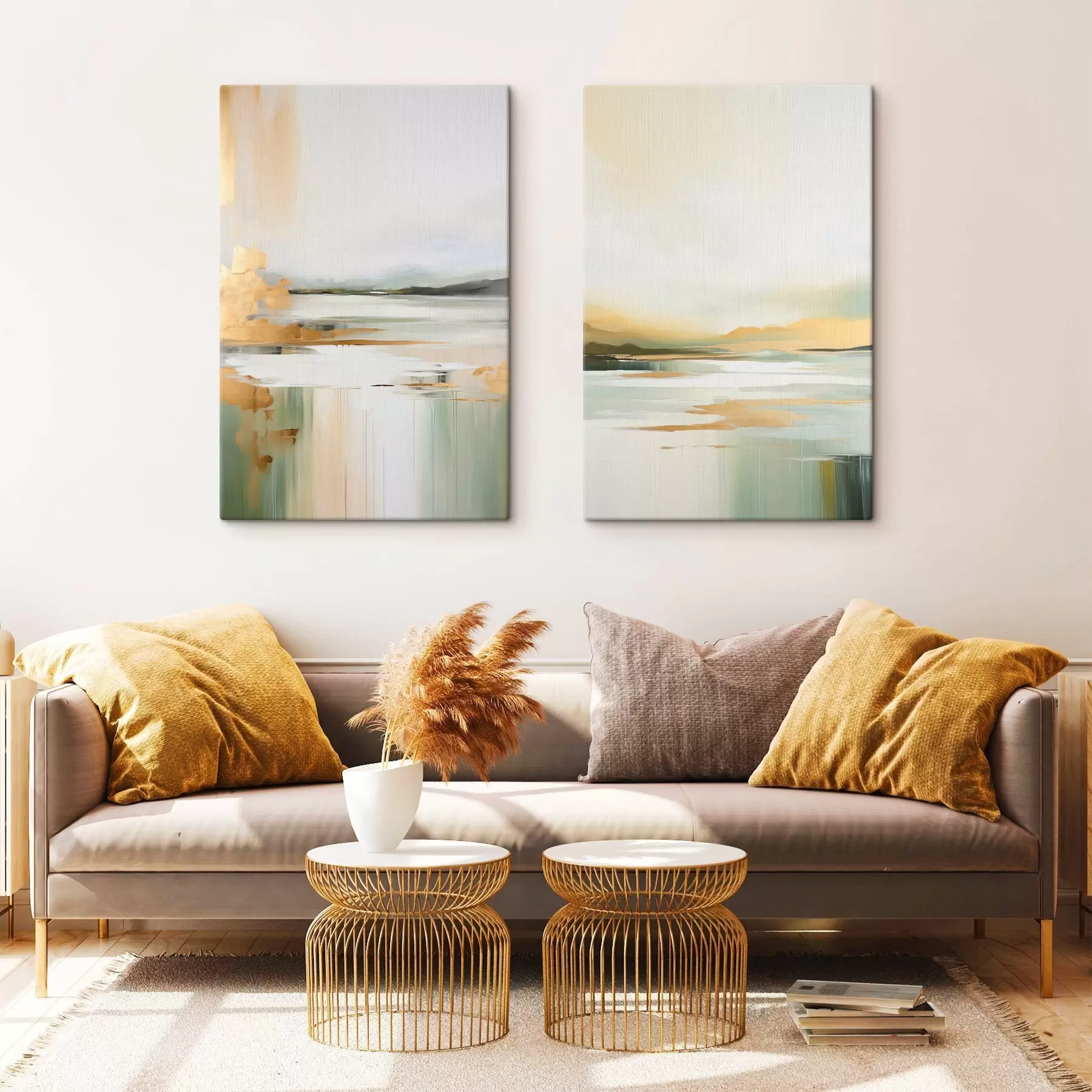 Картина Абстрактний пейзаж з жовтими та зеленими відтінками, вода, що відбиває небо та далекі гори, бліде, туманне небо m01245