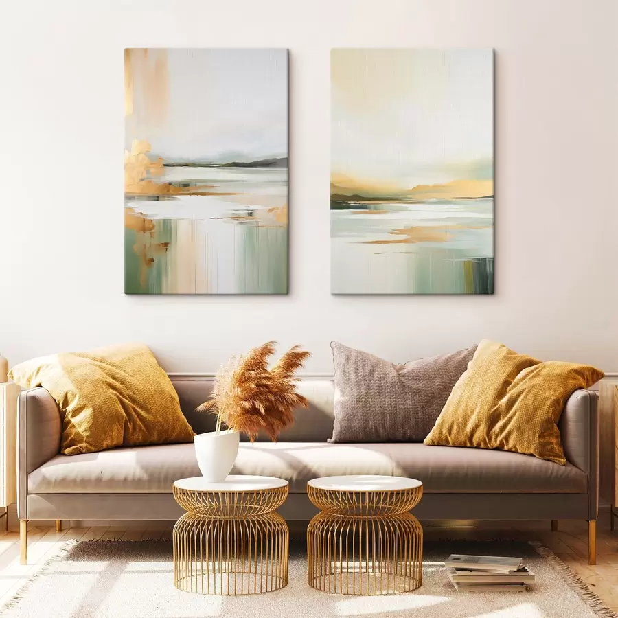 Картина Абстрактний пейзаж з жовтими та зеленими відтінками, вода, що відбиває небо та далекі гори, бліде, туманне небо m01245