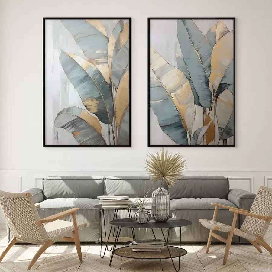 Картина Набір приглушеного синього, сірого та жовтого бананового листя з видимими мазками пензля на білому абстрактному тлі d00645