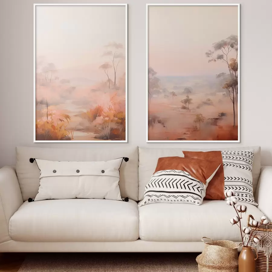 Картина Пейзаж з кущами та деревами у відтінках рожевого, помаранчевого та коричневого, з горами на задньому плані d00646