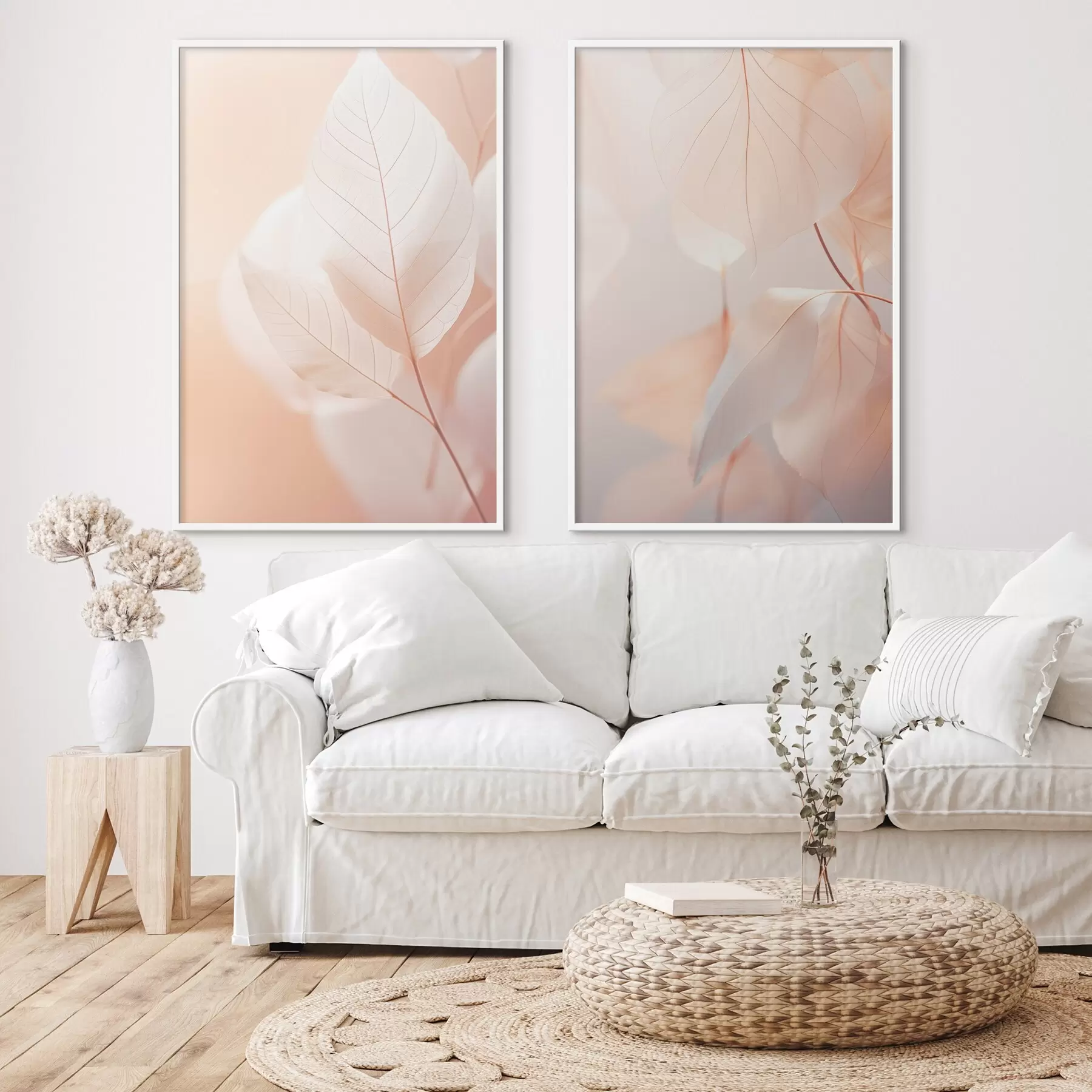 Картина Великий план напівпрозорого листя з ніжними прожилками, м'яка персиково-біла палітра кольорів, розмитий фон d00647