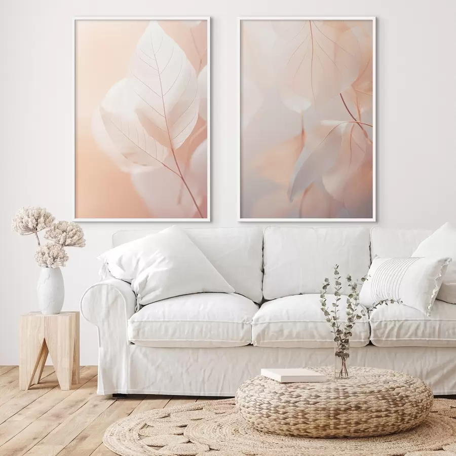 Картина Великий план напівпрозорого листя з ніжними прожилками, м'яка персиково-біла палітра кольорів, розмитий фон d00647