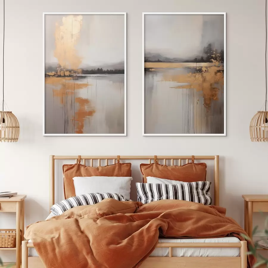 Картина Абстрактний пейзаж з озером, деревами та жовтим туманом, у якому відбивається вода та хмарне небо d00657