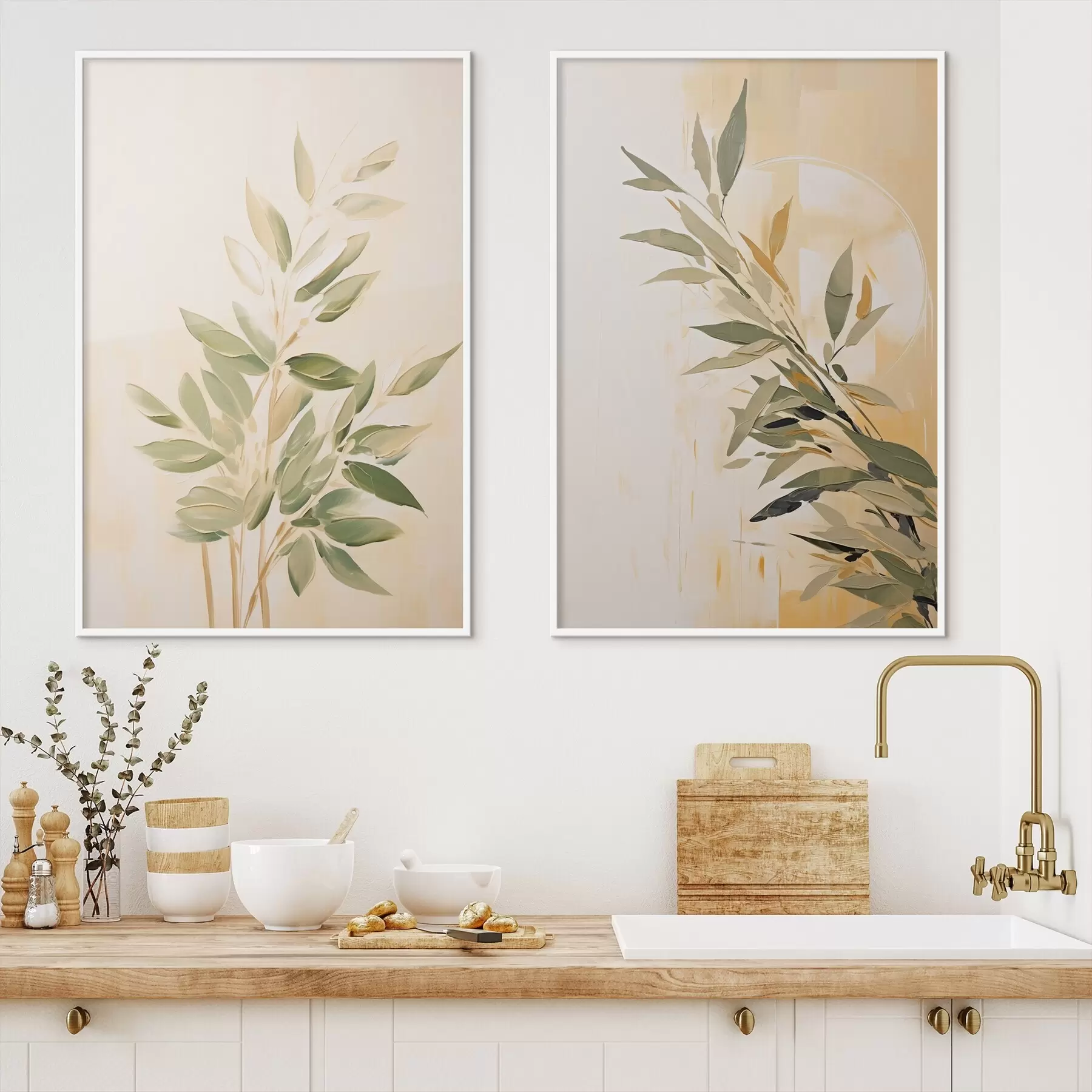 Картина Ботанічна гілка з зеленим листям на теплому тлі d00686