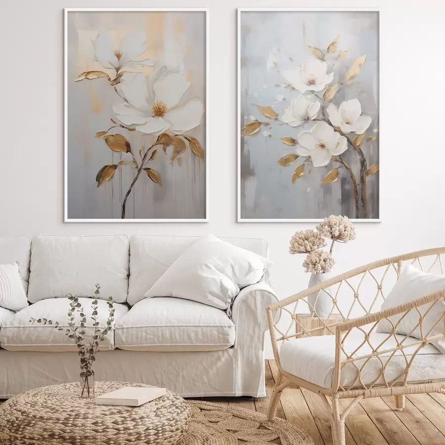 Картина Дві білі квітки з жовто-помаранчевим листям на світлому фоні d00687
