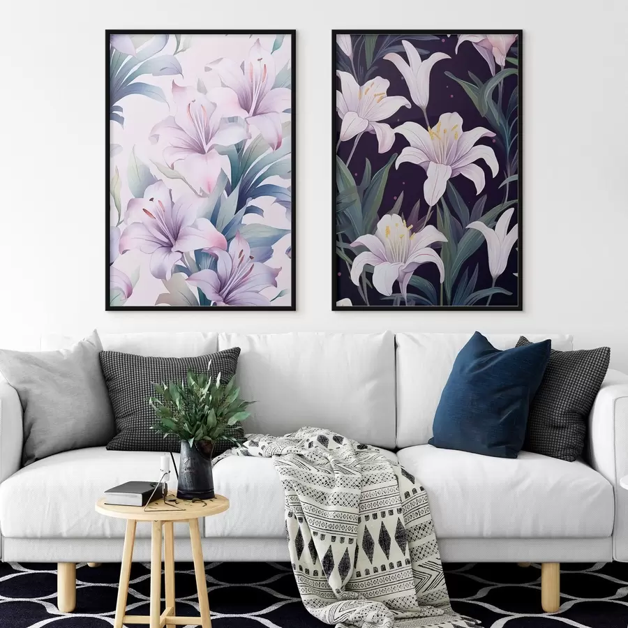 Картина Ніжні рожеві лілії з зеленим листям на світлому і темному тлі d00689