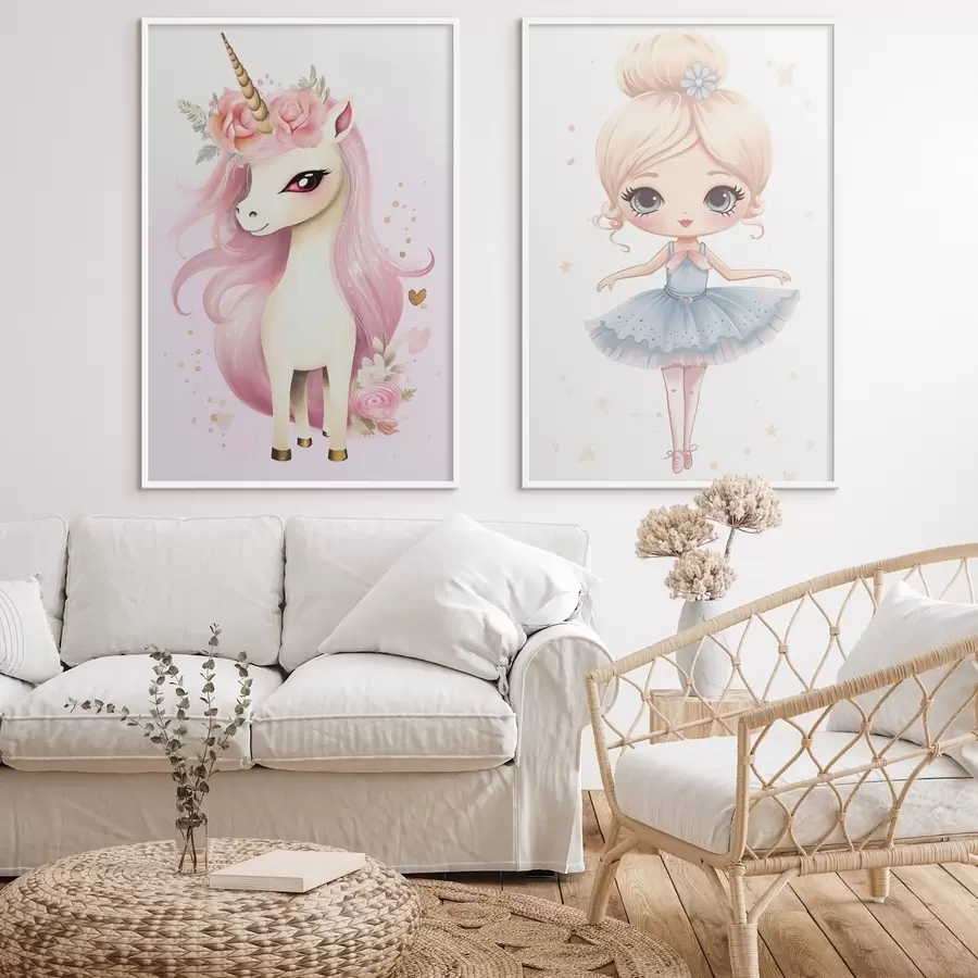 Картина Лялька-балерина в блакитній сукні та єдиноріг з рожевою гривою d00692