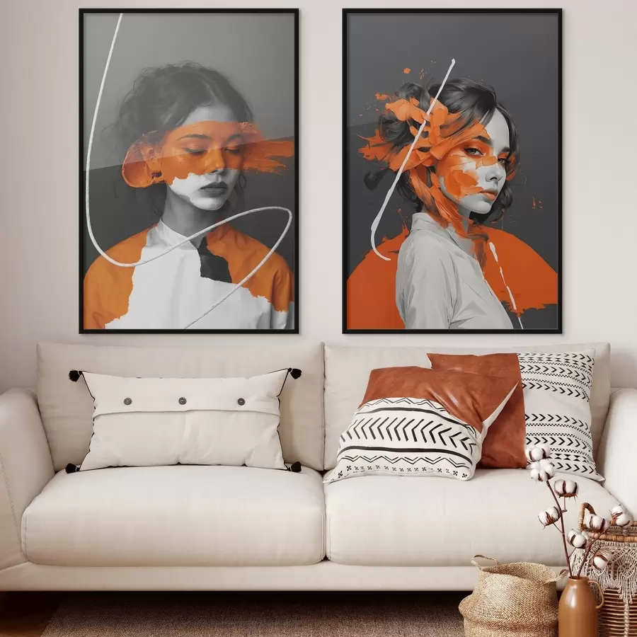 Картина Портрети дівчат з абстрактними помаранчевими мазками d00693