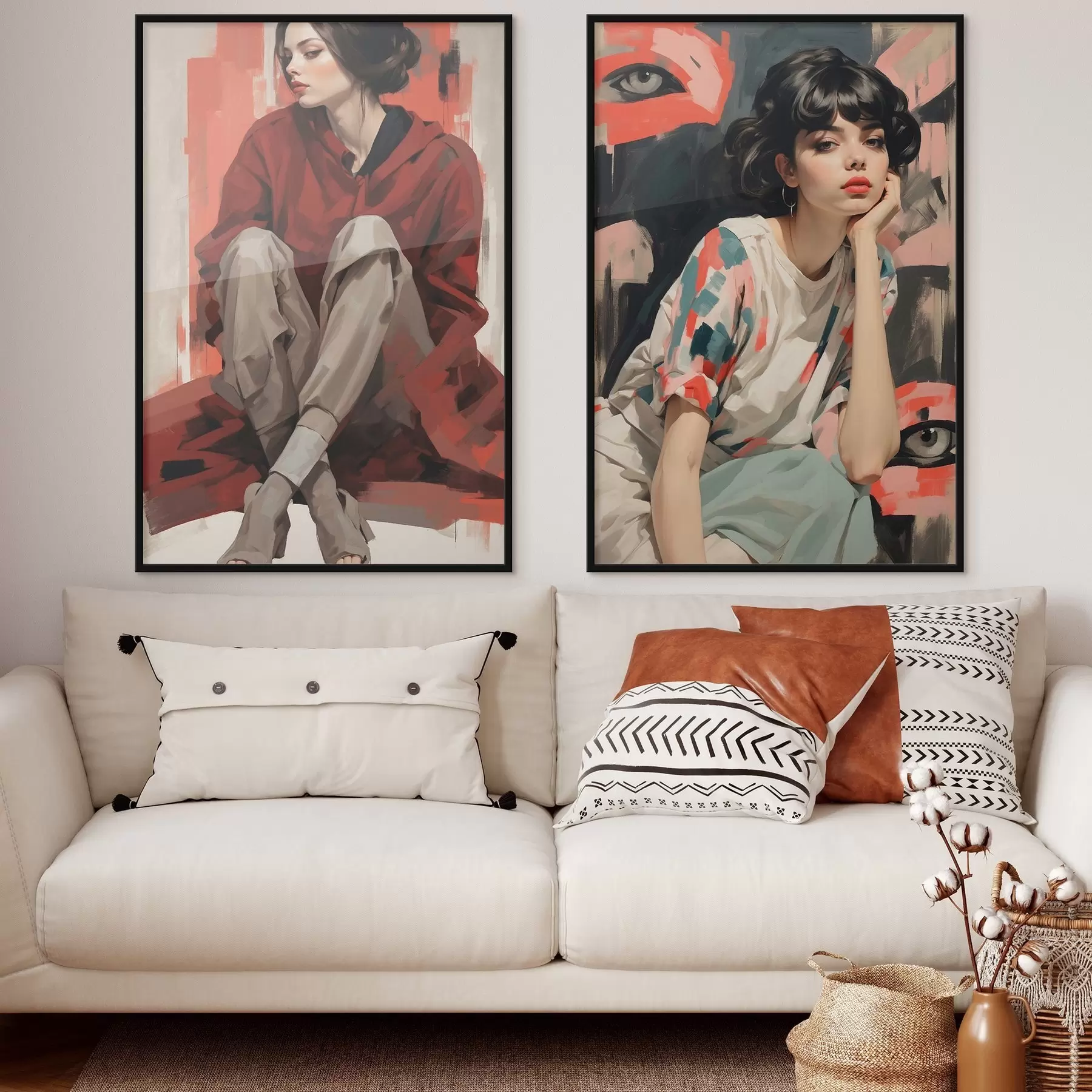 Картина Портрети дівчат у червоному та бежевому абстрактних стилях d00695