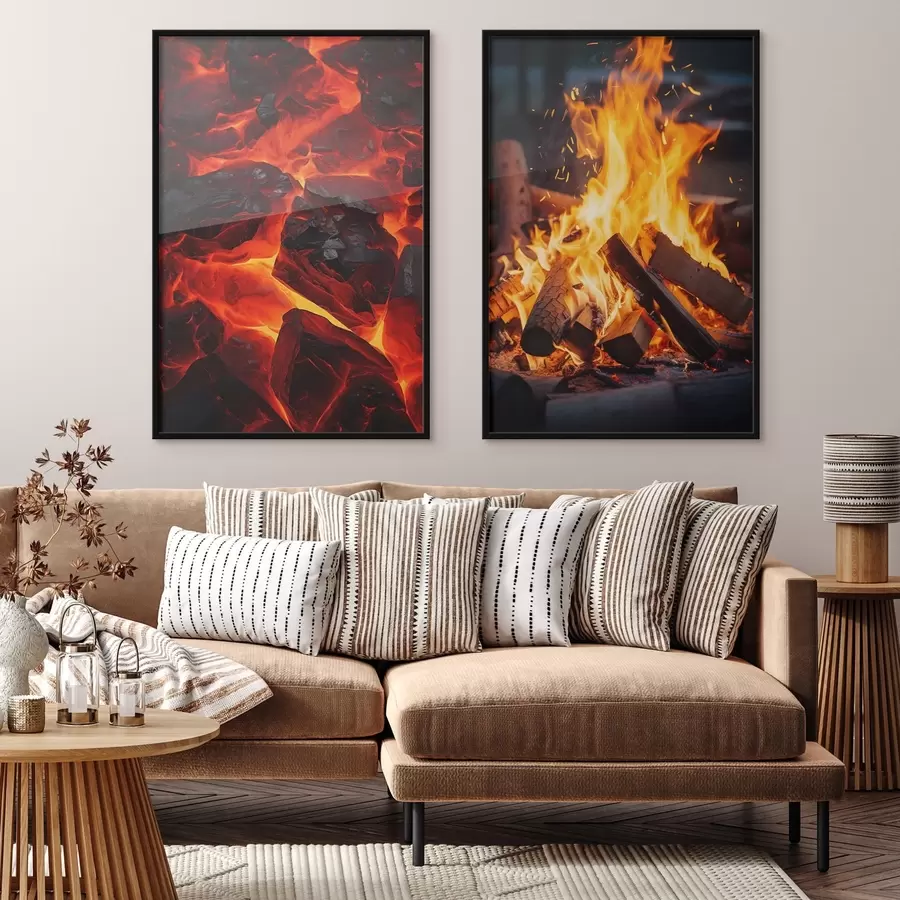 Картина Палаюче вугілля та полум'я вогню в темряві d00696