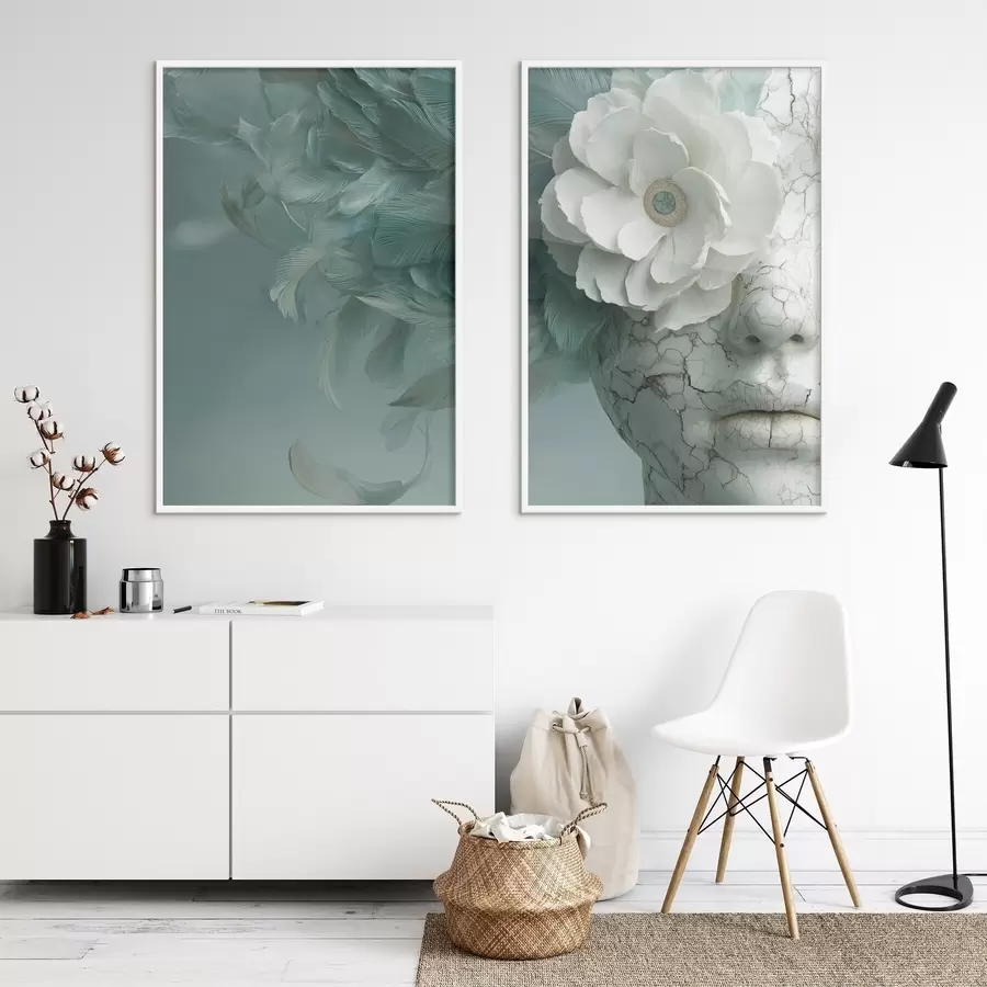 Картина мармурова статуя дівчини з квіткою і пір'ям d00699