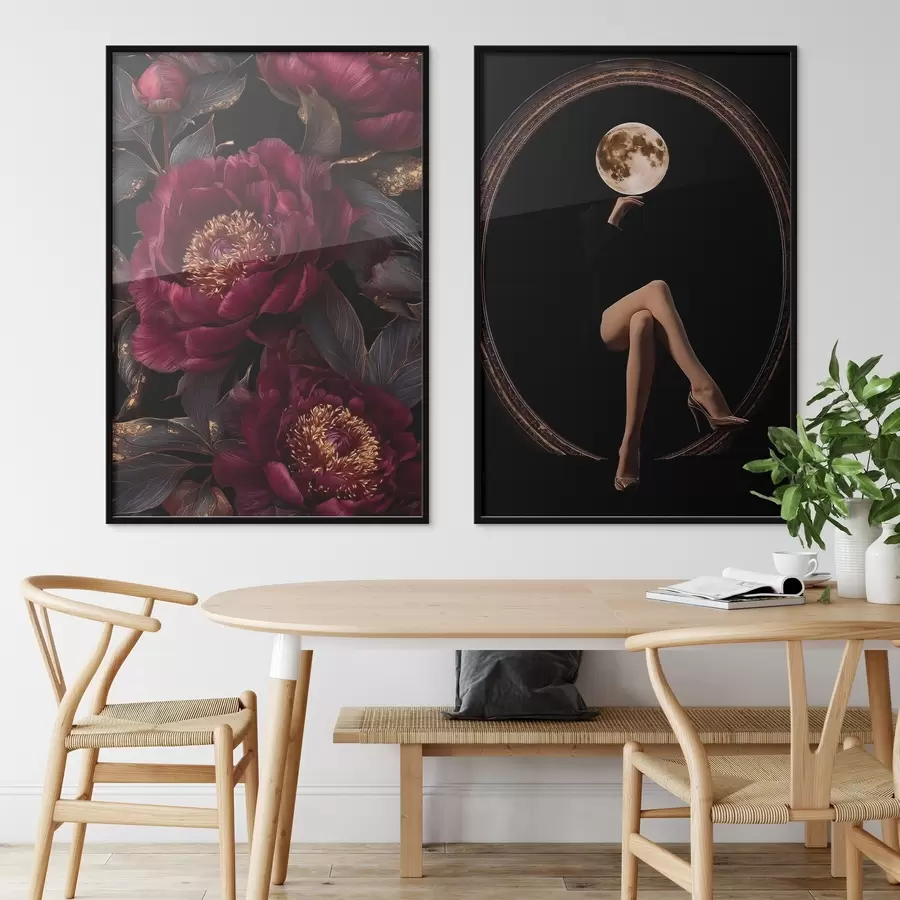 Картина Бургундські півонії та силует з місячною головою на чорному тлі d00765