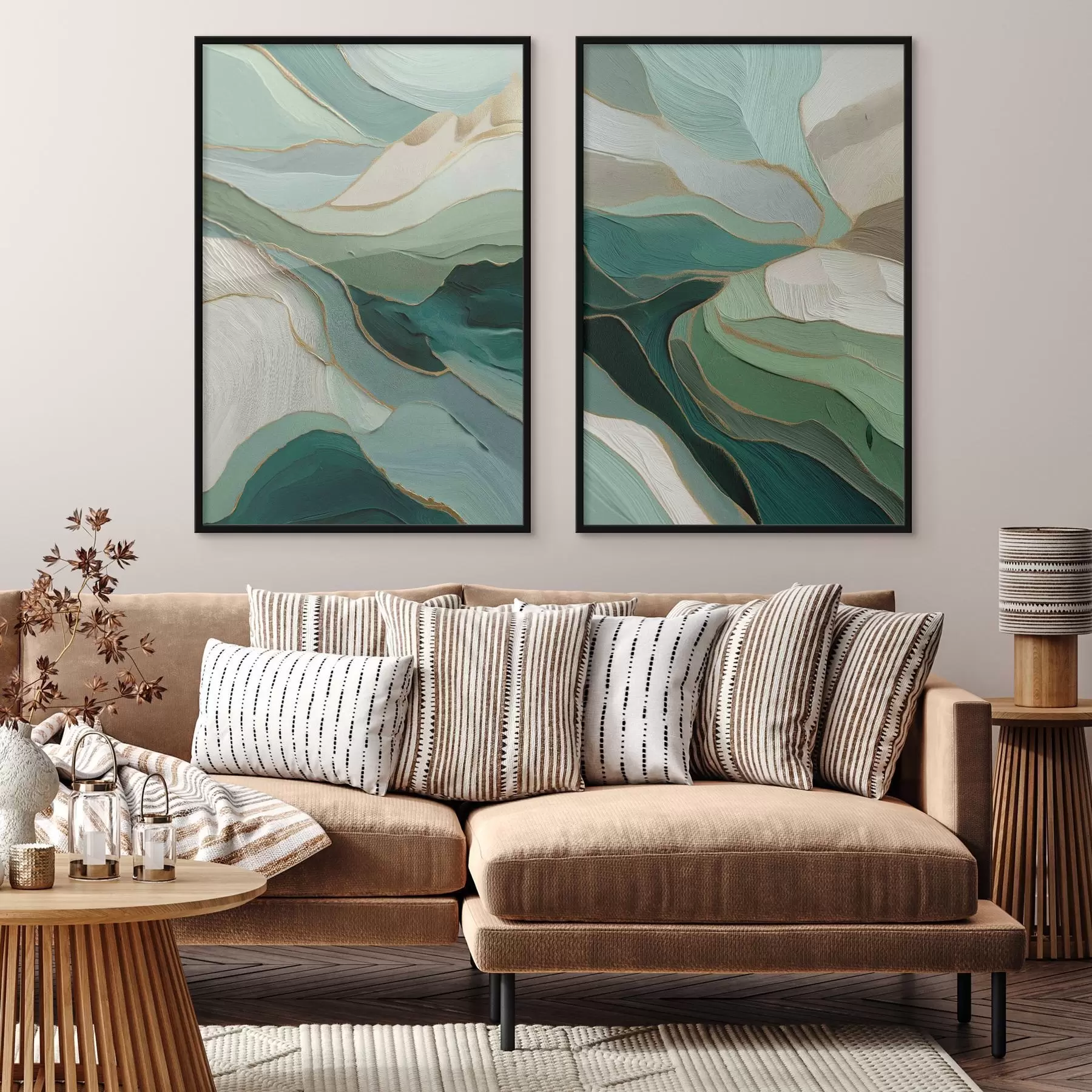 Картина Смарагдова багатошарова абстракція з жовтим контуром d00766