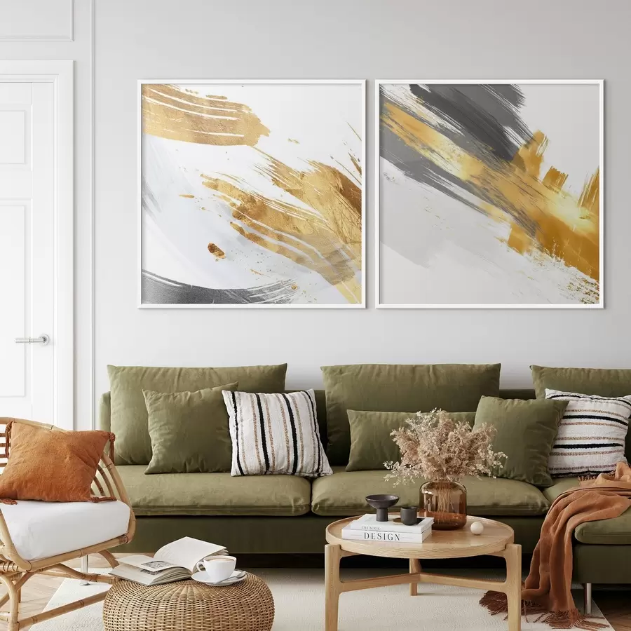 Картина Динамічна абстракція з жовтими та сірими штрихами d00748