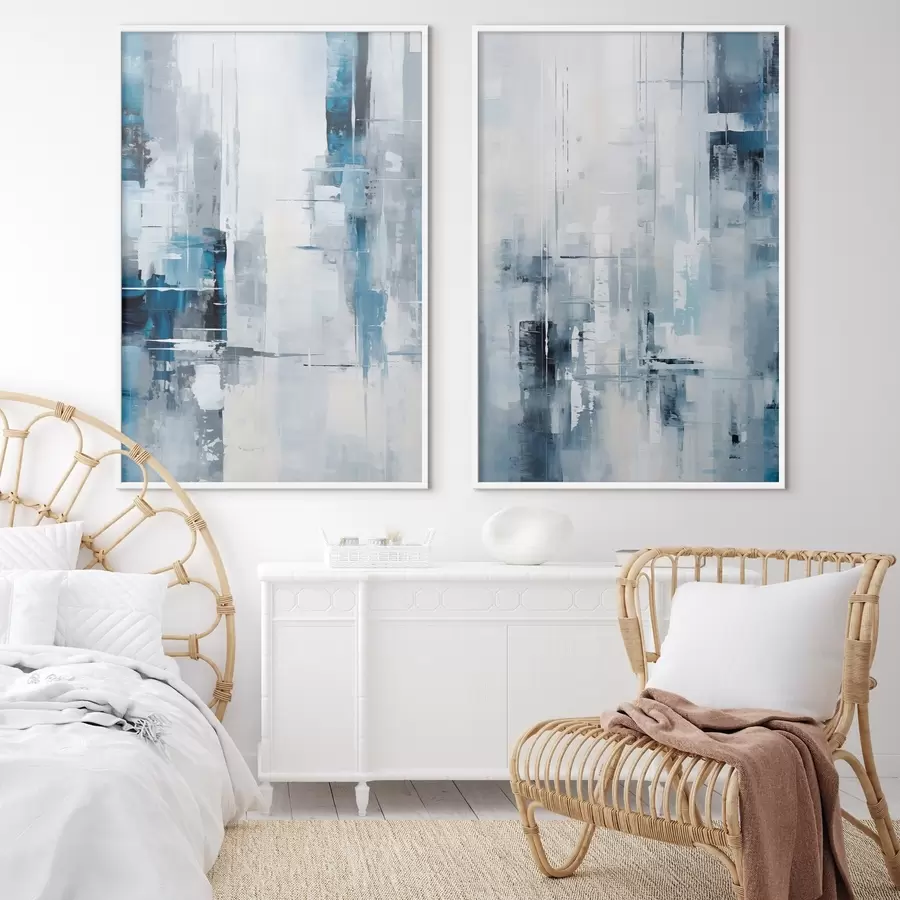 Картина Абстрактна імітація живопису з використанням синього, сірого та білого кольорів, вертикальних ліній та геометричних фігур d00819