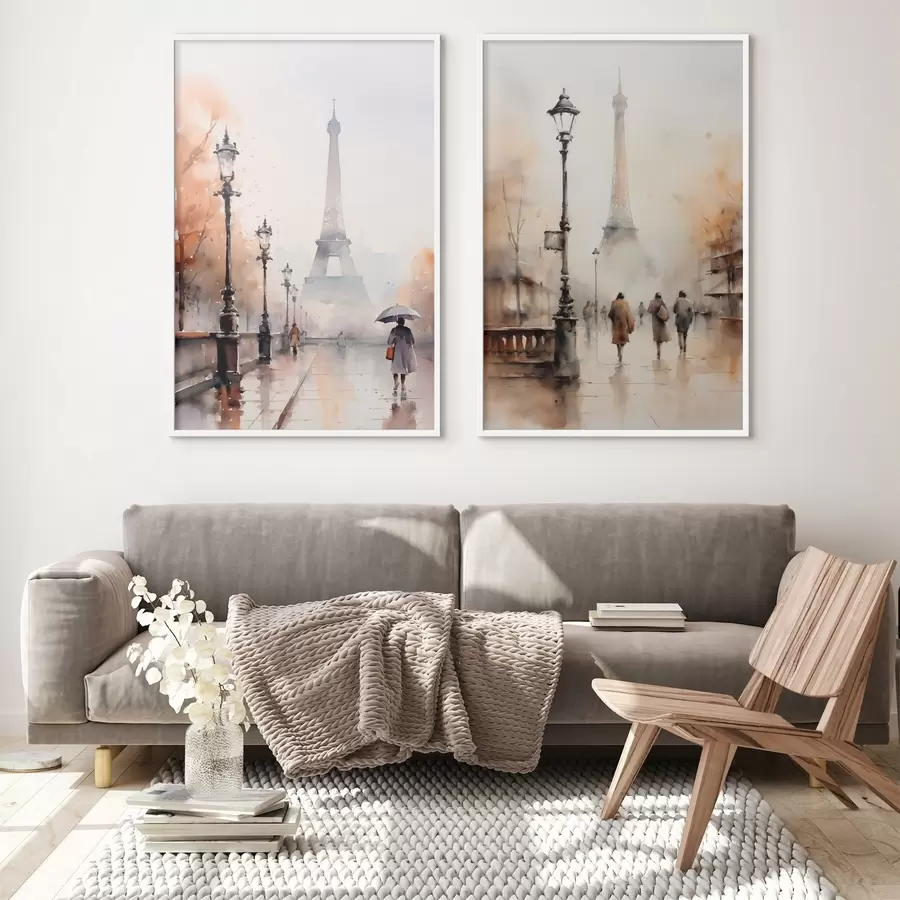 Картина Дощовий осінній день у Парижі з Ейфелевою вежею на задньому плані та старовинними вуличними ліхтарями d00821