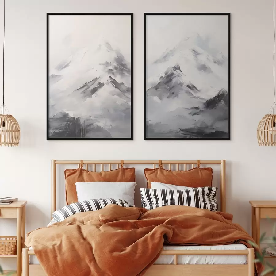 Картина Засніжені гірські вершини з сірими тінями, сіре небо, мазки пензлем, текстуровані, мінімалістичні d00822