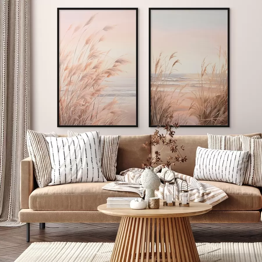 Картина Трава пампас з пастельною помаранчевою кольоровою гамою, світло-рожеве небо, спокійний пейзаж d00823