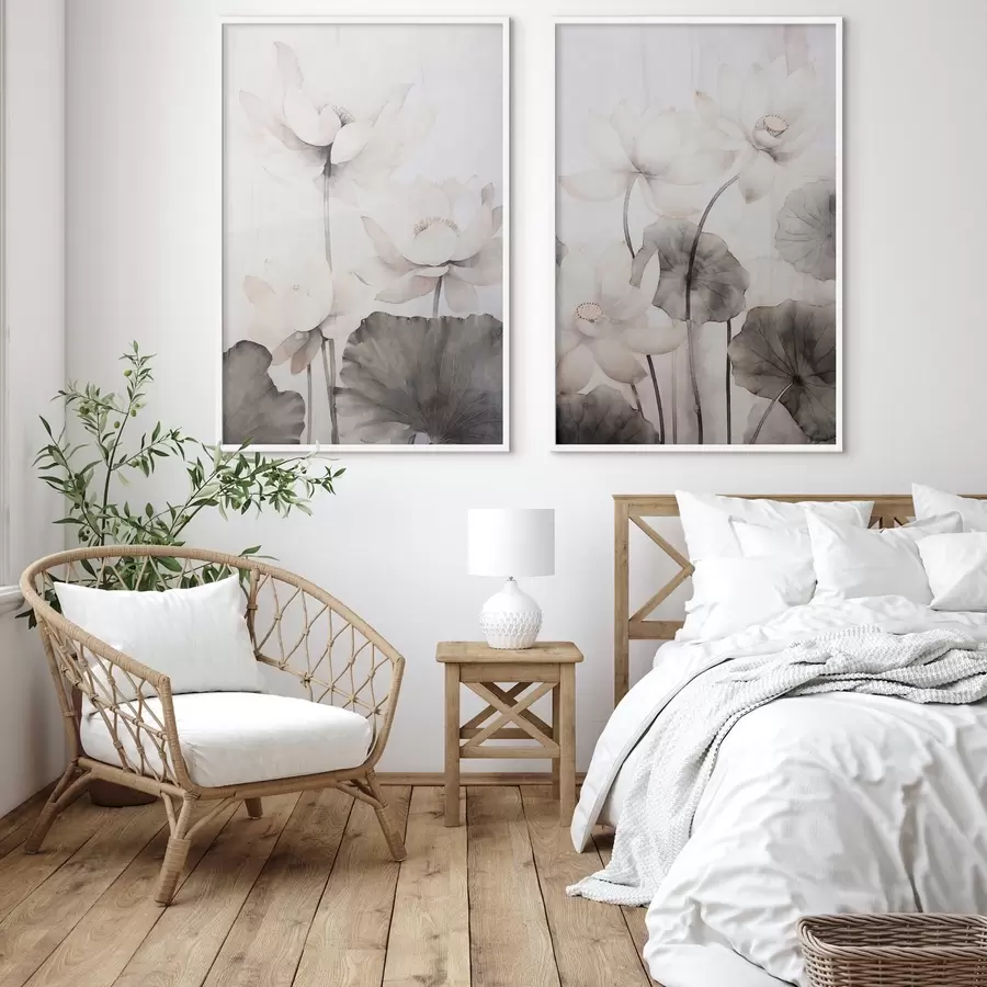 Картина Білі текстуровані квіти лотоса з темними листям, світлий фон, мінімалістичний дизайн d00824