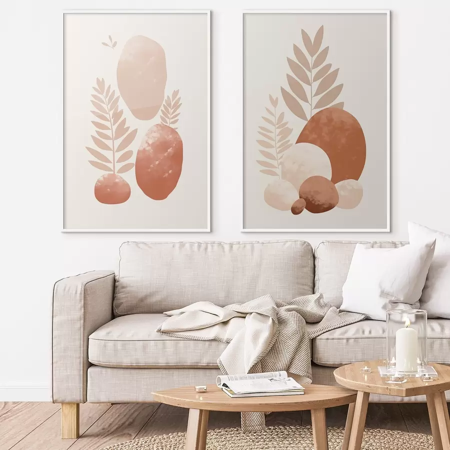Картина Абстрактні форми, текстуровані камені та листя в приглушених персикових і теракотових тонах, мінімалістичний кремовий фон d01114