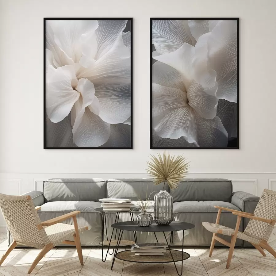 Картина Крупний план ніжних абстрактних білих квіткових пелюсток зі складними лініями та розмитим темним фоном d01117