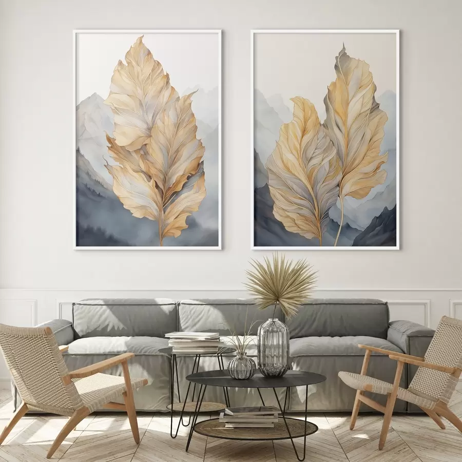 Картина Абстрактні великі жовті та коричневі листя зі складними деталями на тлі гірського пейзажу d01119