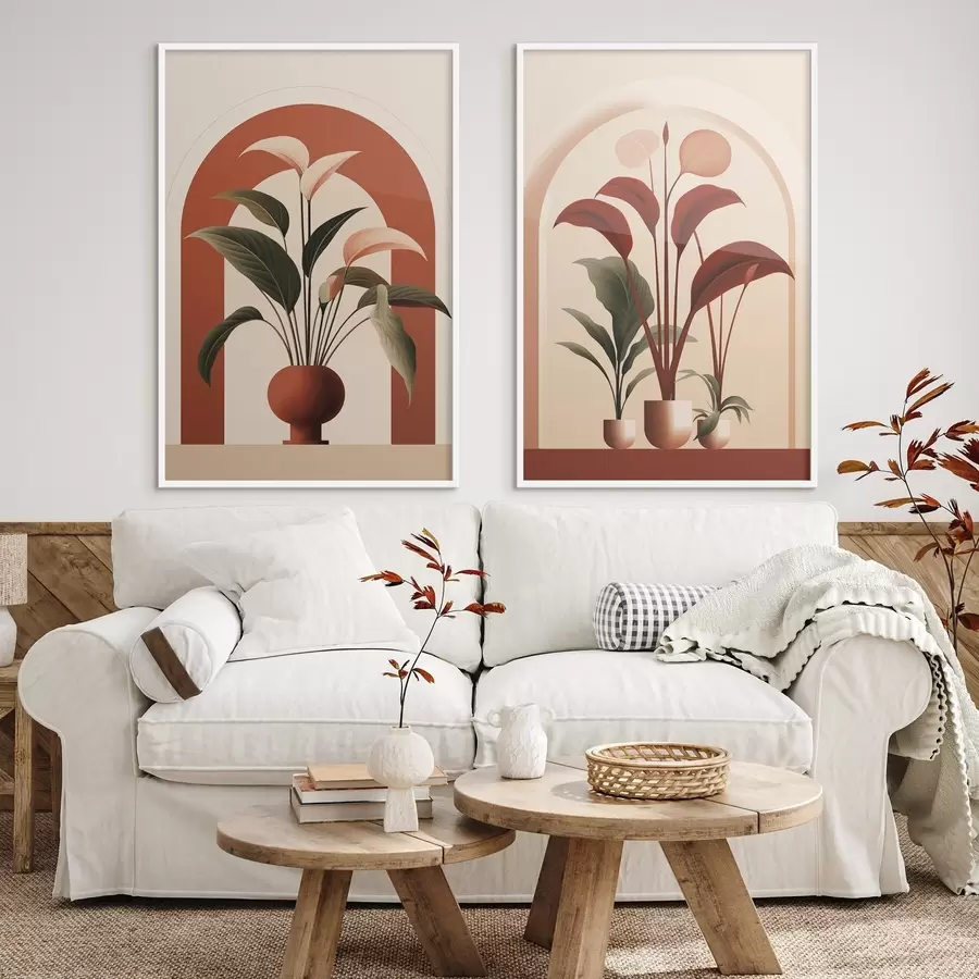Картина Абстрактні рослини в горщиках з великими зеленими і червоними листям перед кремовою аркою d01124