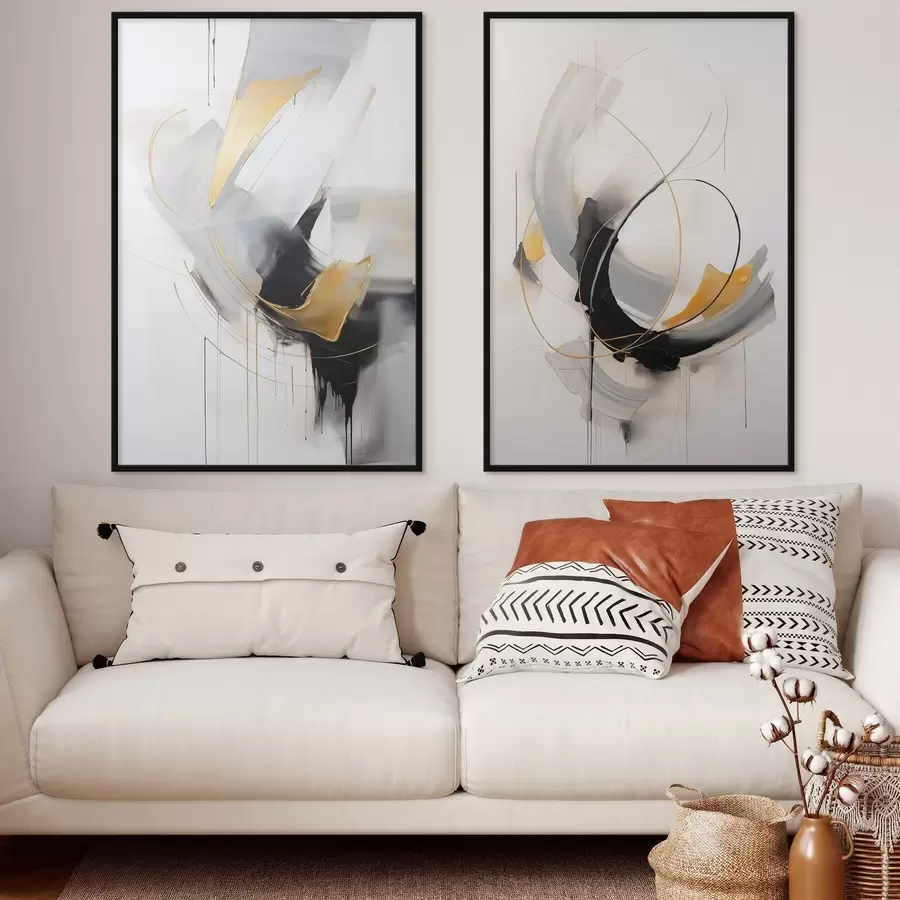 Картина Абстрактний живопис з імітацією жовтих, чорних і білих мазків, динамічні лінії d01125