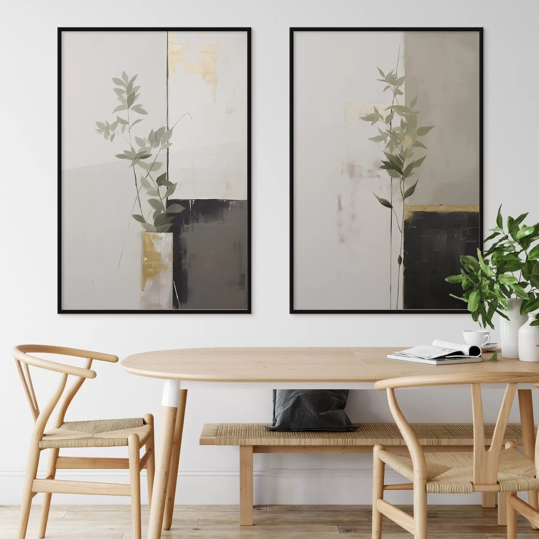 Картина Мінімалістична фактурна картина вази з зеленим листям на тлі абстрактних геометричних фігур d01126