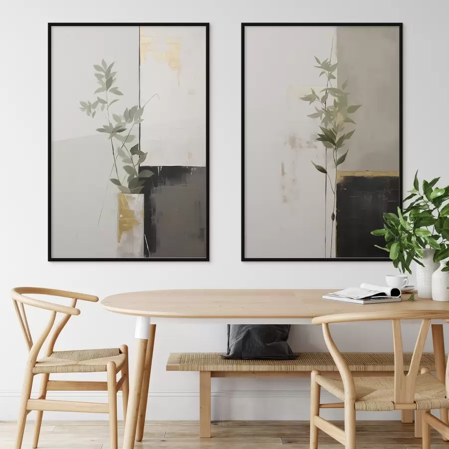 Картина Мінімалістична фактурна картина вази з зеленим листям на тлі абстрактних геометричних фігур d01126