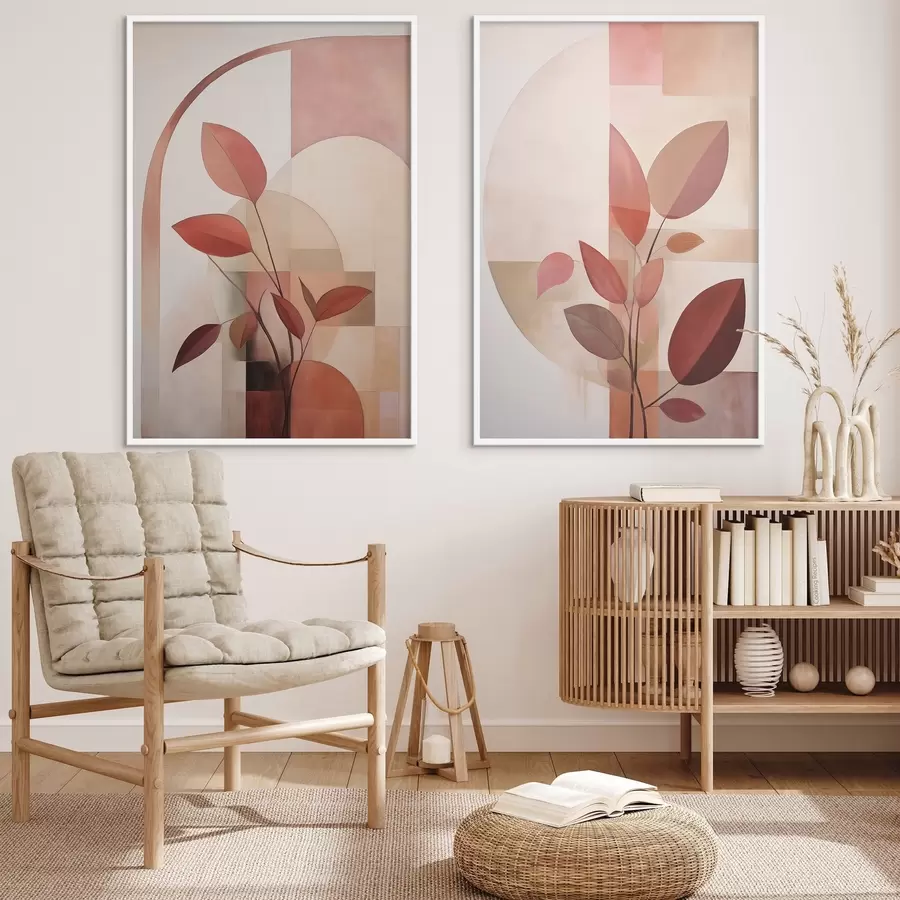 Картина Абстрактна рослина з червоним листям на тлі геометричних фігур і м'яких, приглушених кольорів d01128