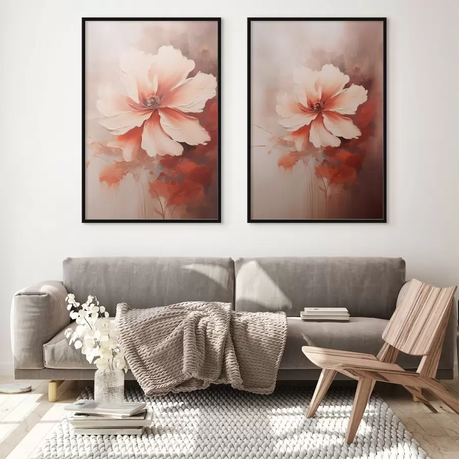 Картина Квіткова композиція: білі та кремові пелюстки, коралові акценти та м'який туманний фон d01088