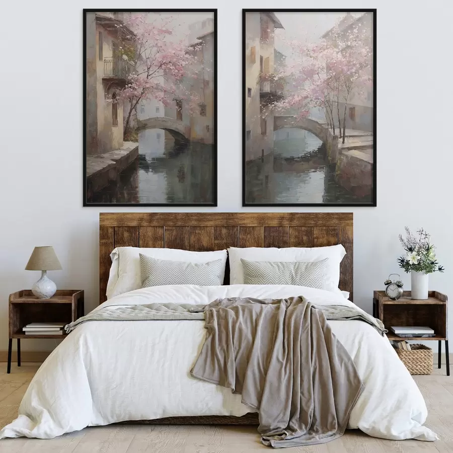 Картина романтичний міський пейзаж з квітучим деревом у стилі олійного живопису d01173