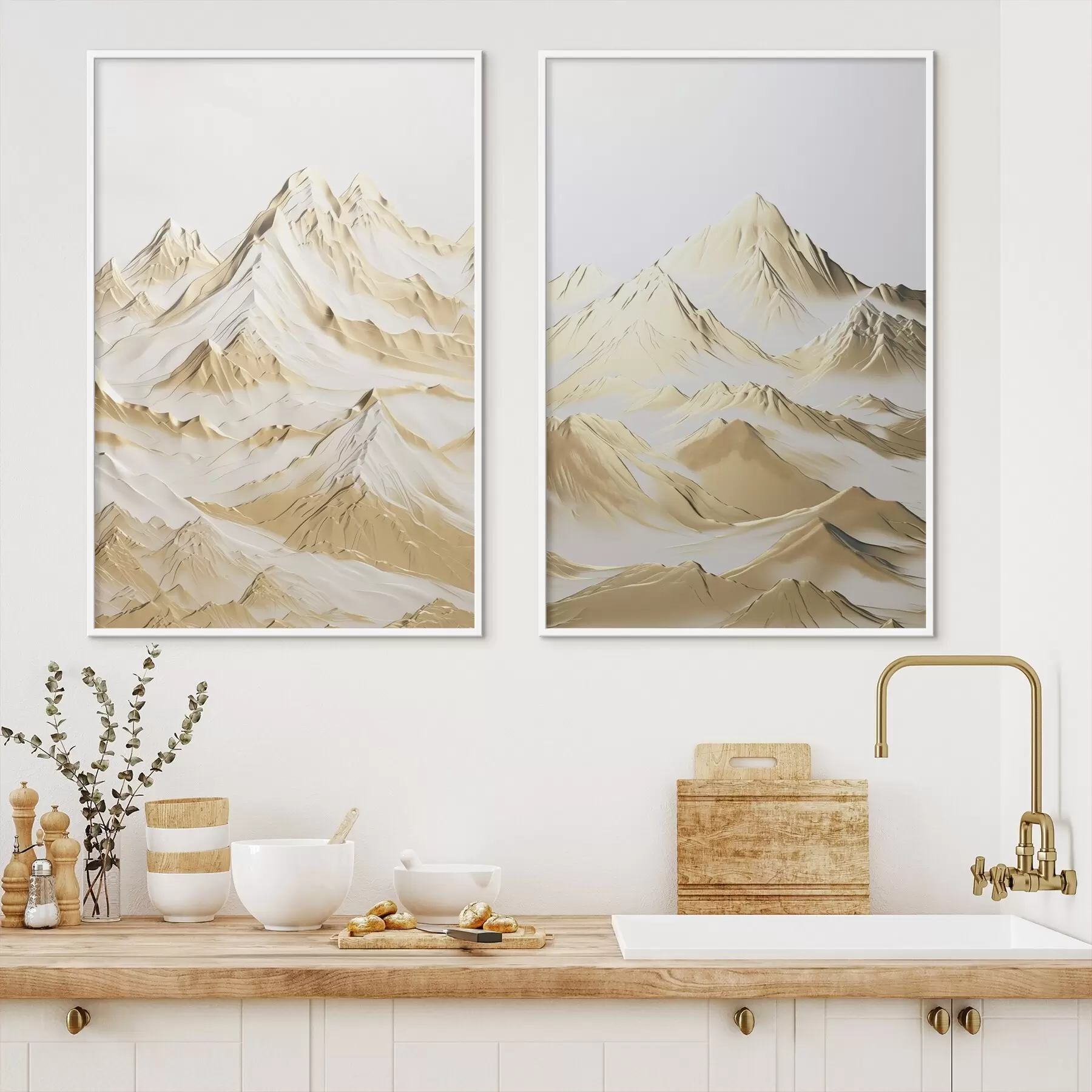 Картина Краєвид жовтих, засніжених гір з гострими вершинами і глибокими долинами під світлим небом d01236