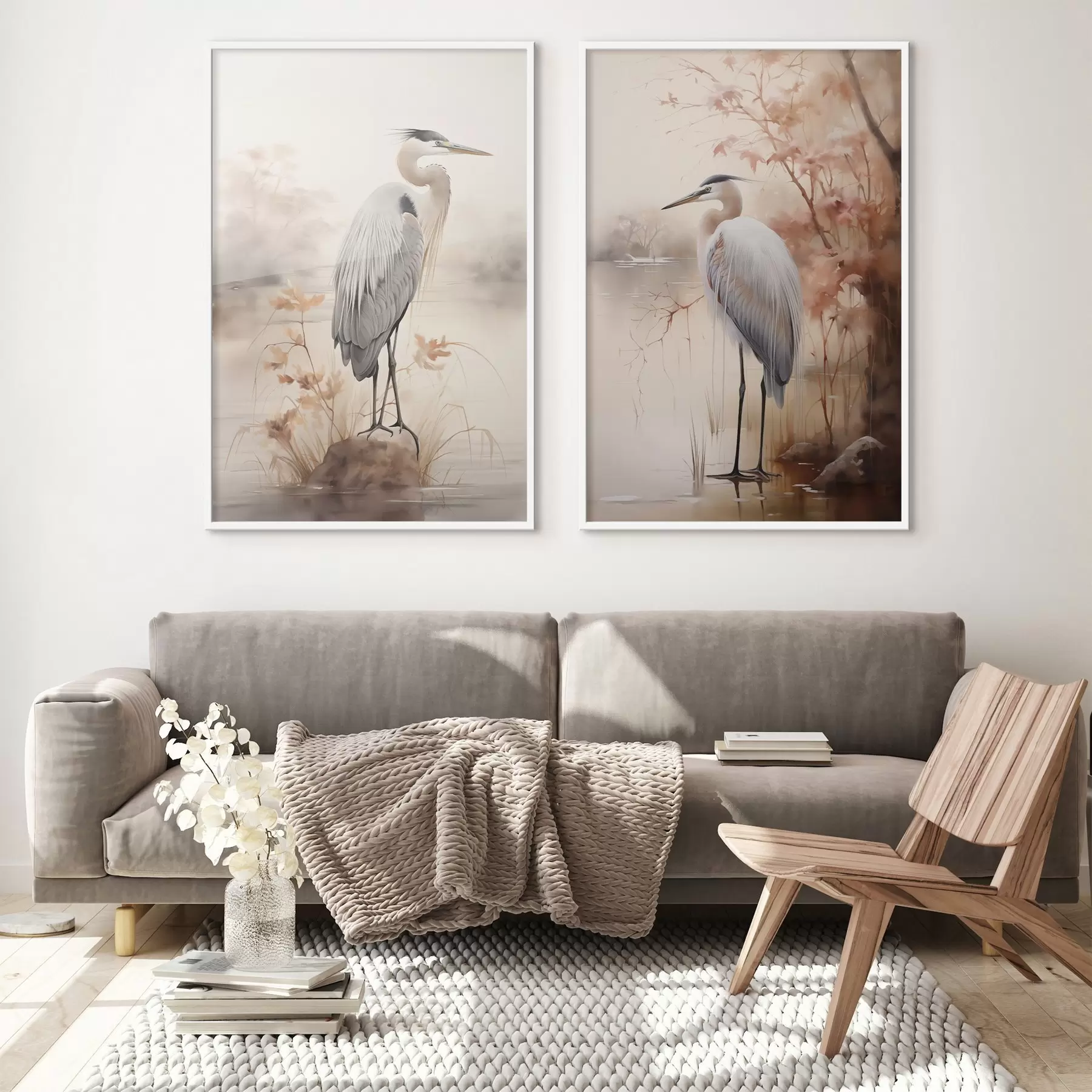 Картина Чапля стоїть на камені в озері, на тлі високої трави та дерев d01239