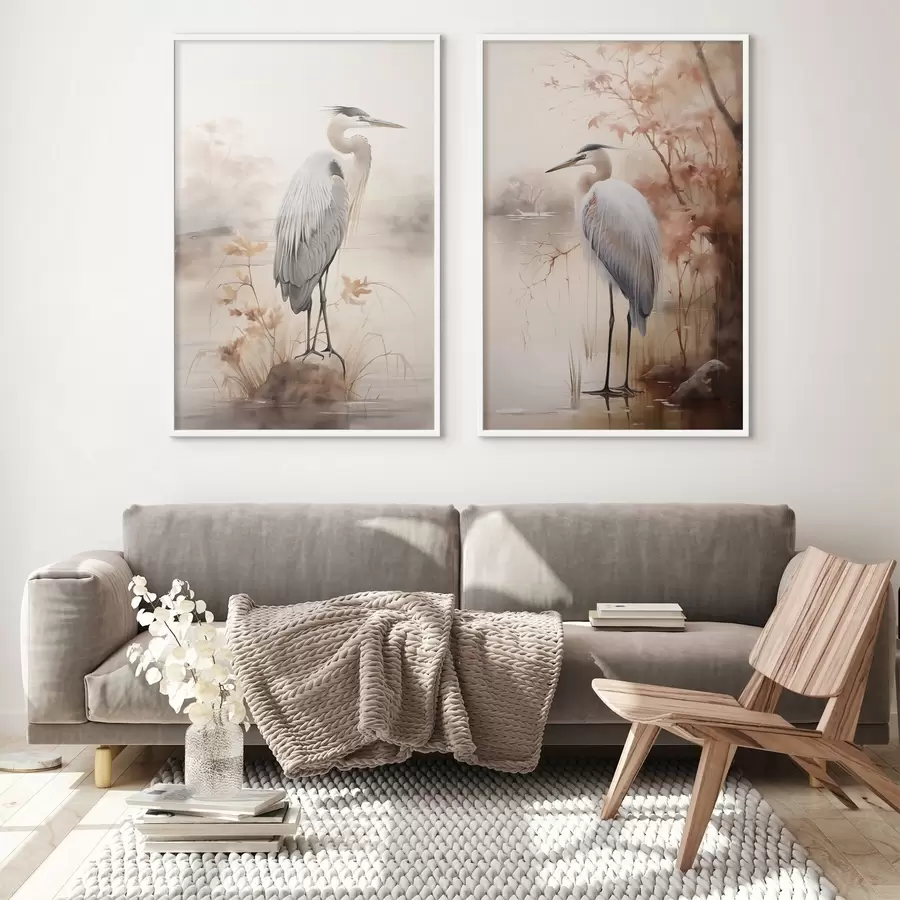 Картина Чапля стоїть на камені в озері, на тлі високої трави та дерев d01239