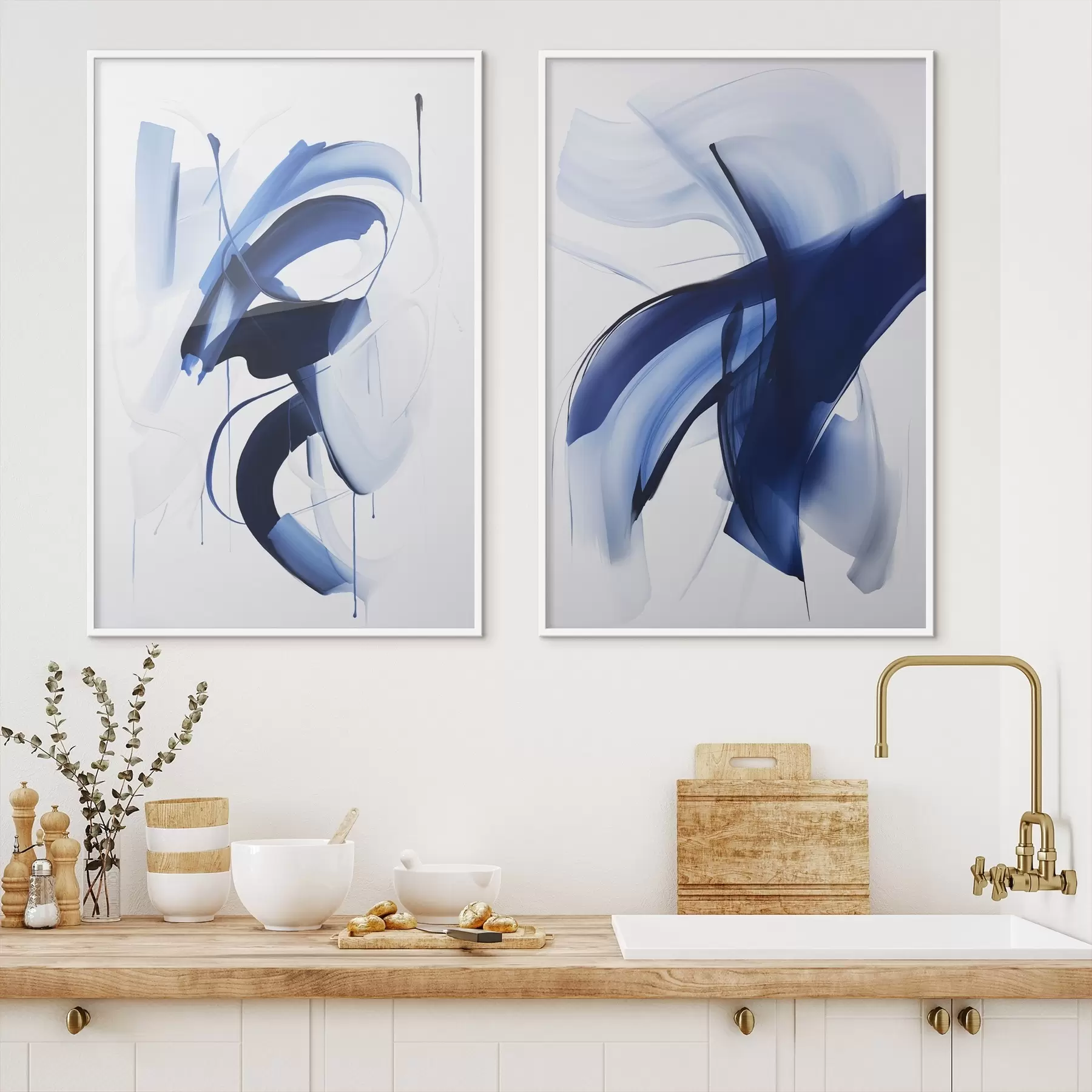 Картина Абстрактні сині форми, схожі на мазки пензлем, з плавними лініями та кривими на білому тлі, сучасне мистецтво d01240