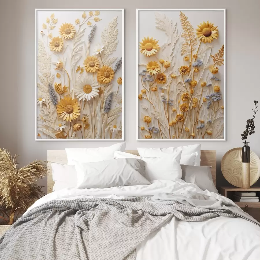 Картина Текстурована колекція жовтих і білих маргариток із сухими травами та гілочками лаванди на білому тлі d01241