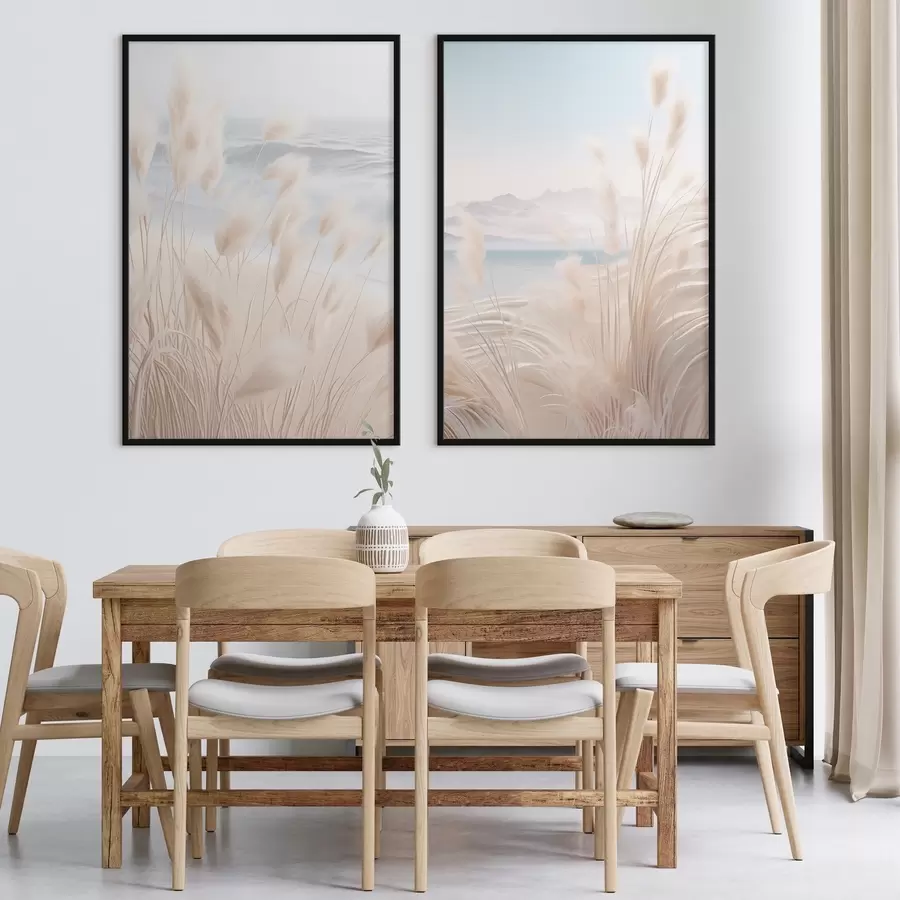 Картина Висока, пухнаста трава пампасу в м'яких бежевих тонах на передньому плані, з піщаним пляжем на задньому плані d01242