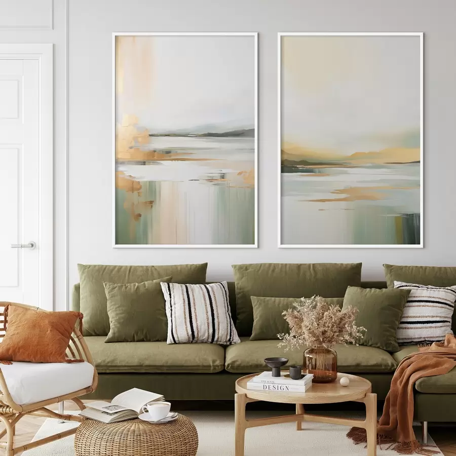 Картина Абстрактний пейзаж з жовтими та зеленими відтінками, вода, що відбиває небо та далекі гори, бліде, туманне небо d01245