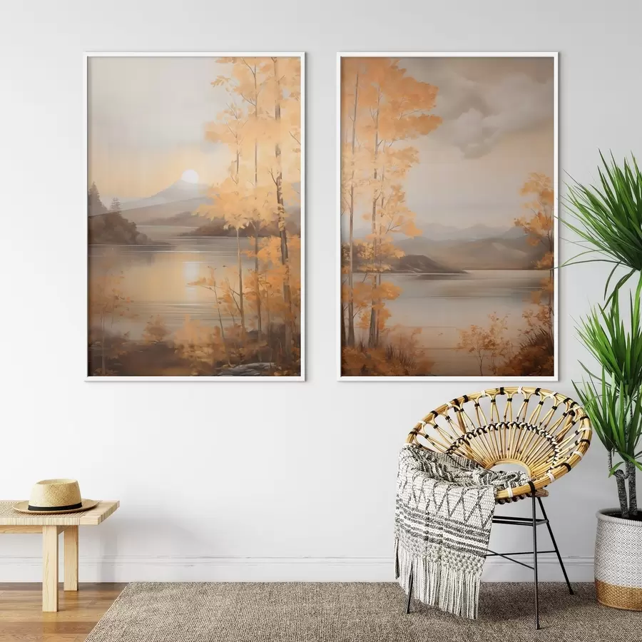 Картина Осінні дерева з помаранчевим листям обрамляють спокійне озеро з далекими горами під хмарним небом. d01246