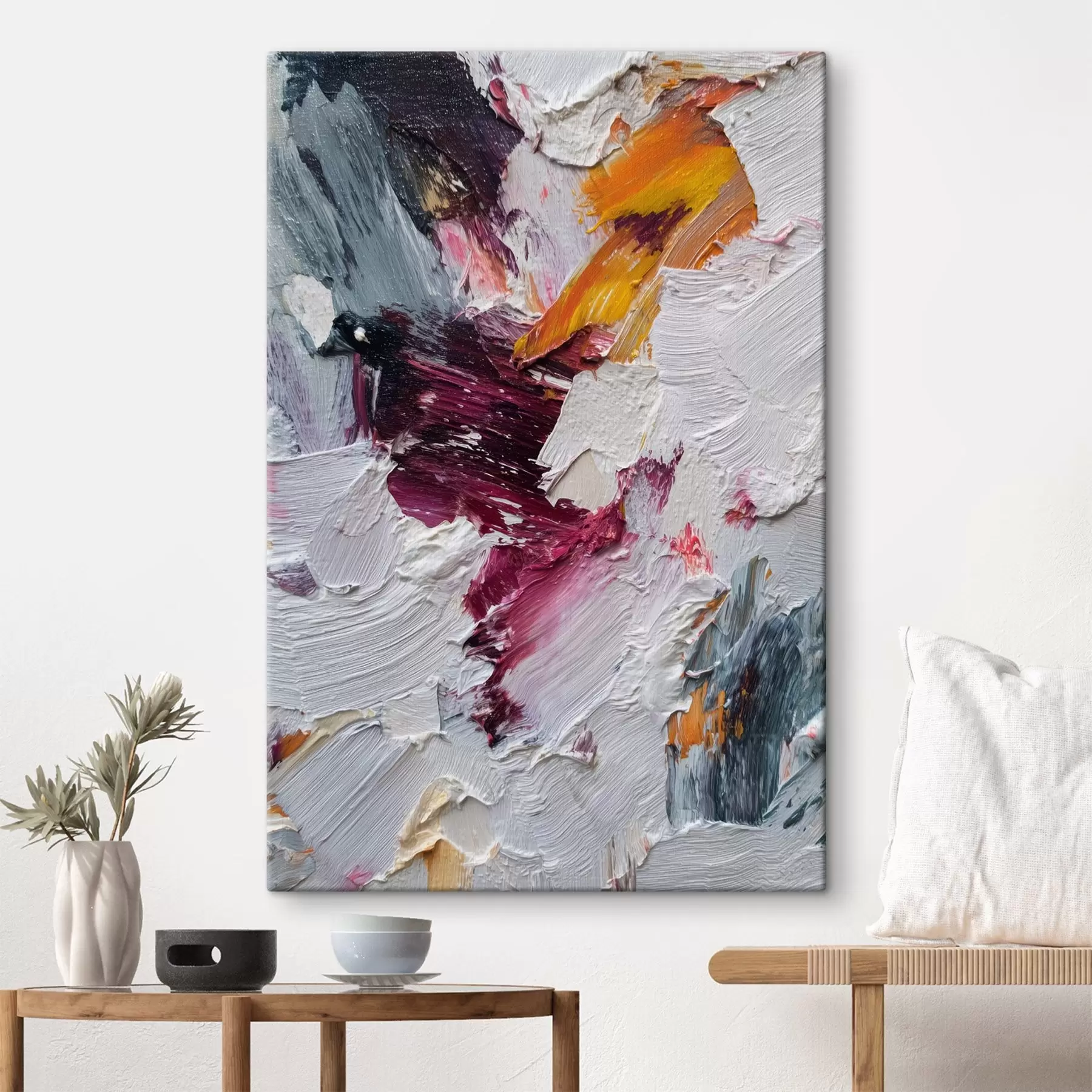 Картина Абстрактна композиція з інтенсивними мазками вишневого та помаранчевого кольорів у стилі олійного живопису s46959