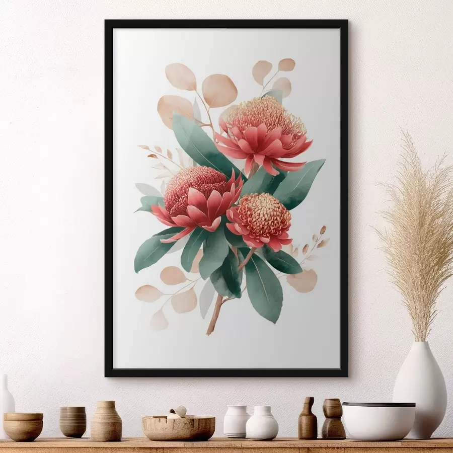 Картина Експресивний букет з протей та декоративного листя в стилі сучасної художньої ілюстрації f46954