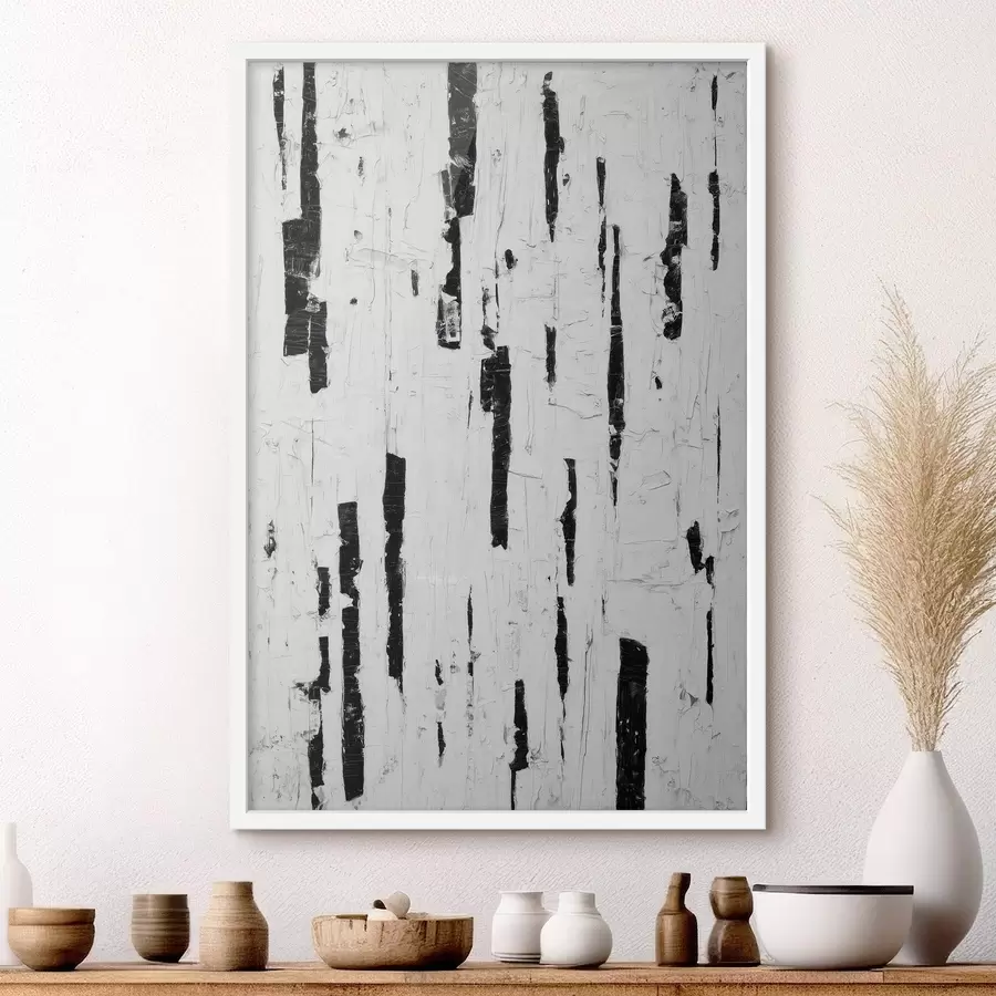 Картина Абстрактна композиція з чорними вертикальними мазками на білому тлі в стилі олійного живопису f46956