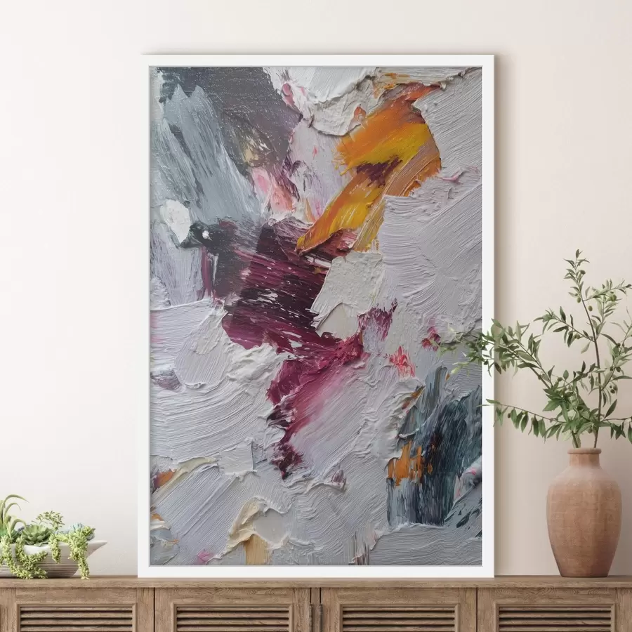 Картина Абстрактна композиція з інтенсивними мазками вишневого та помаранчевого кольорів у стилі олійного живопису f46959